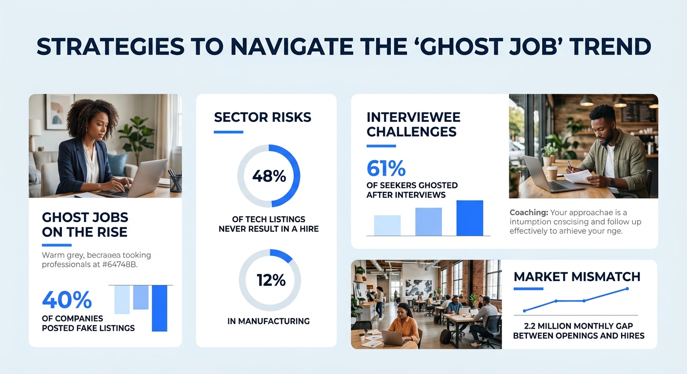 An infographic showing ghost job statistics — 40% of companies posted fake listings, 48% of tech listings never result in a hire, 12% in manufacturing, 61% of seekers ghosted after interviews, and 2.2