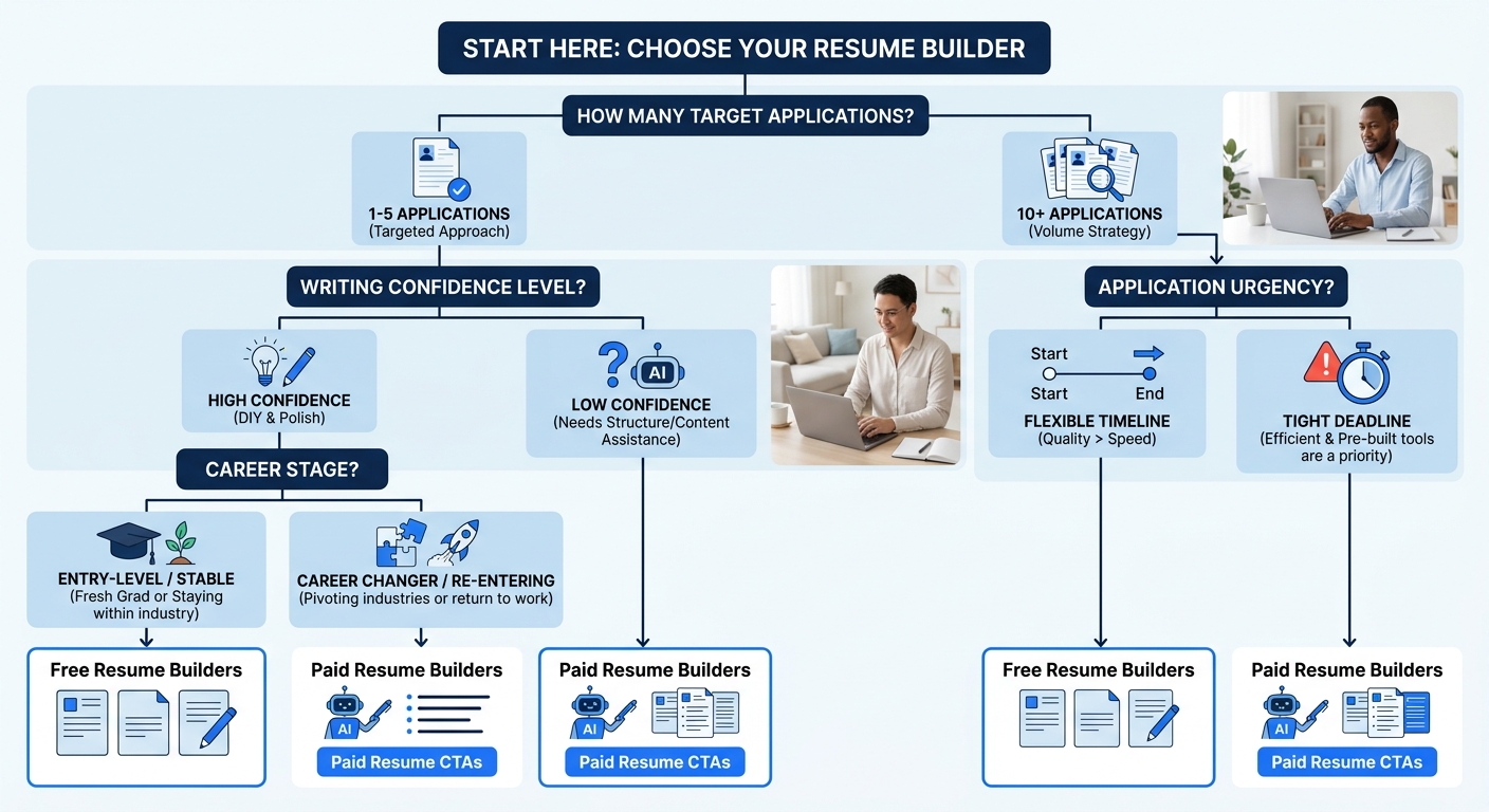 A decision tree flowchart helping job seekers choose between free and paid resume builders, with branching paths for number of target applications (1-5 versus 10-plus), writing confidence level (high
