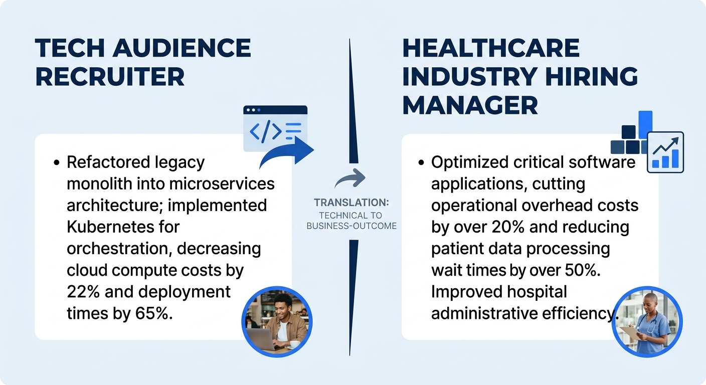 side-by-side comparison of a developer resume bullet point written for a tech audience versus the same achievement rewritten for a healthcare industry hiring manager, showing the translation of techni