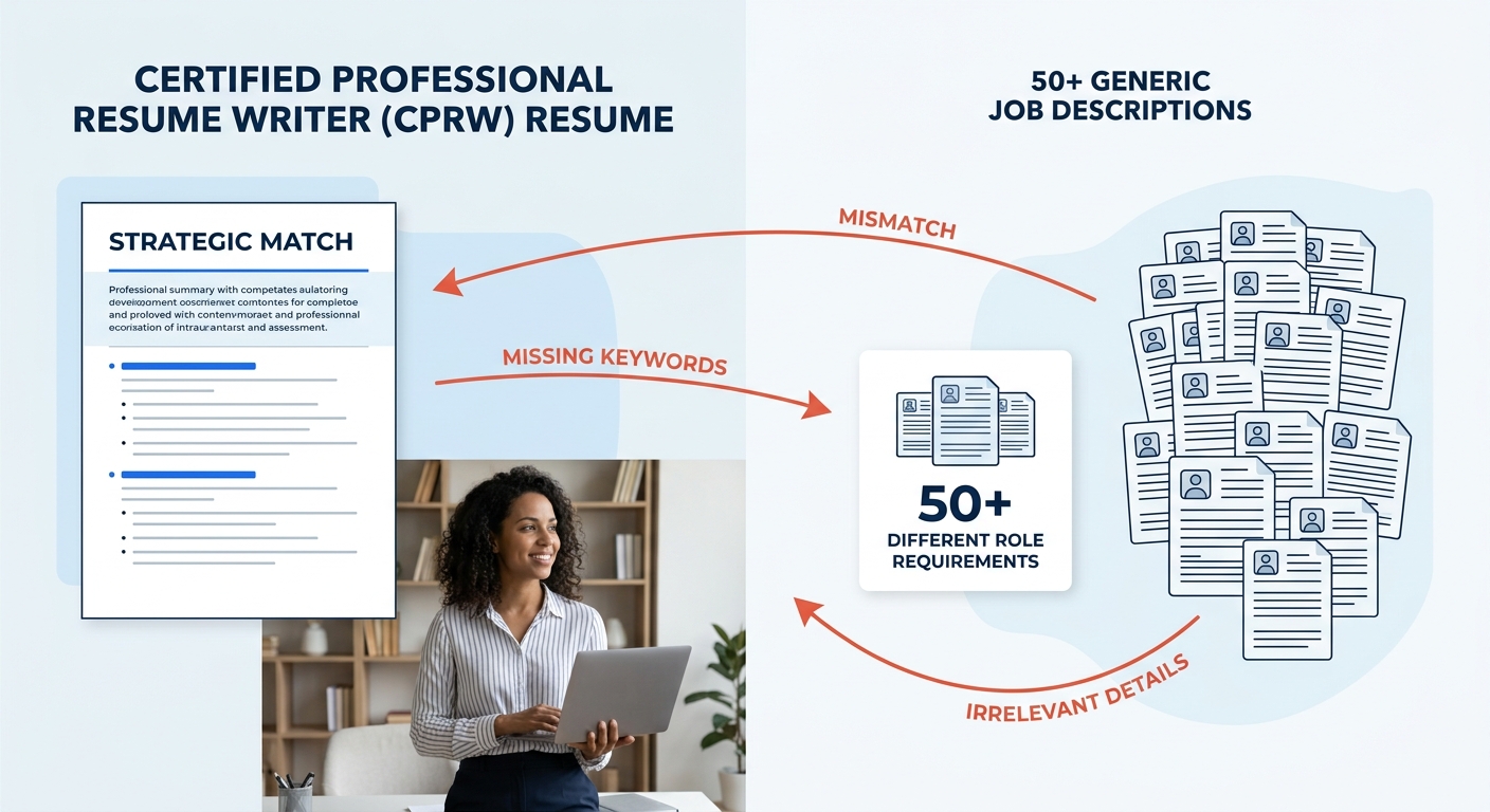 side-by-side comparison showing a single polished CPRW resume on one side and 50 different job descriptions on the other, with arrows showing the mismatch between one document and many application tar