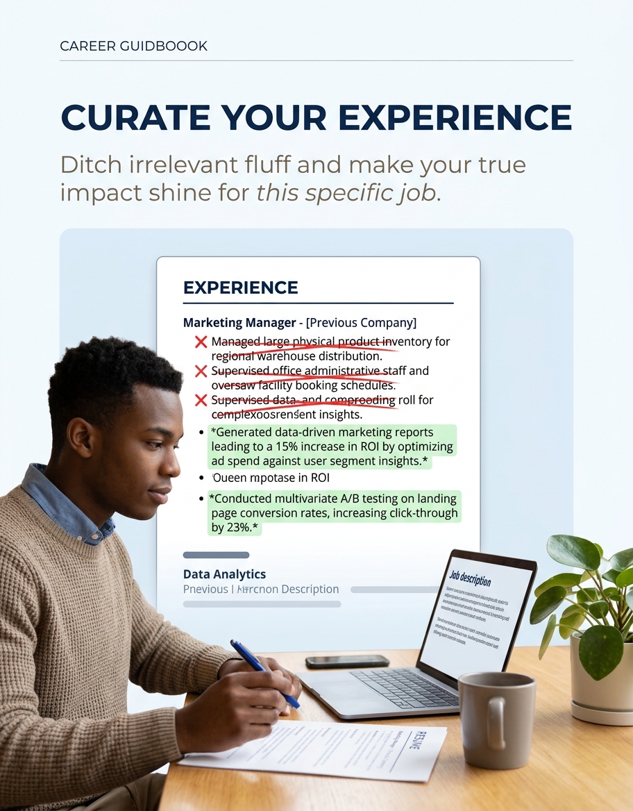 A resume page with several bullet points visually crossed out in red and remaining relevant bullets highlighted in green, showing the process of cutting non-relevant content based on job description r