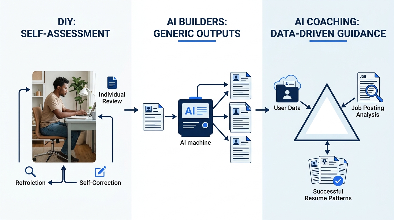 Three-panel workflow diagram showing data inputs and outputs for each approach: DIY shows a person alone at a desk with arrows representing self-assessment, AI builders show a resume going into a mach