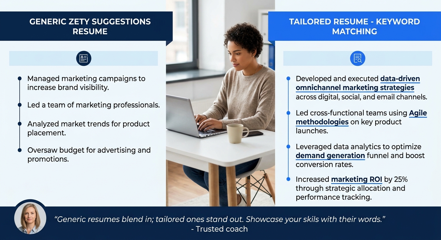 side-by-side comparison of two resume excerpts for a marketing manager role, one using generic Zety suggestions and one with keywords tailored to a specific job description, with the tailored version