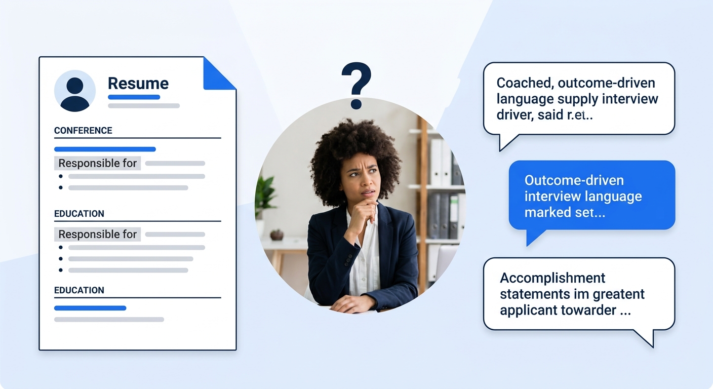 A diagram showing the interview collision — on the left, a resume document with highlighted bullet points using old positioning language; on the right, speech bubbles showing coached, outcome-driven l