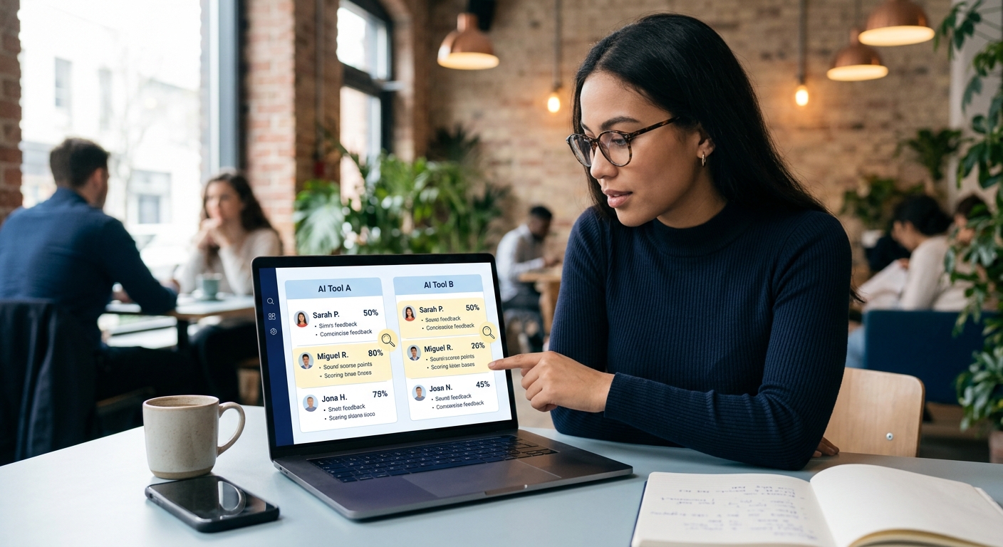 a candidate at a laptop reviewing side-by-side resume scores from multiple AI resume tools, with visible score discrepancies highlighted in yellow, representing the practice of cross-checking tools fo