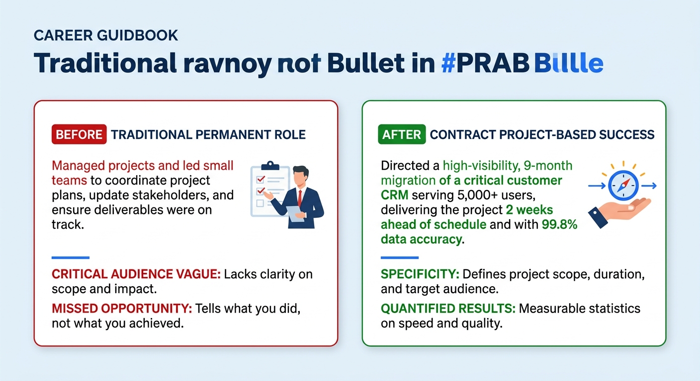Side-by-side comparison of a traditional permanent employee resume bullet versus a contract-style project-based resume bullet, showing the before version in red and the after version in green with hig