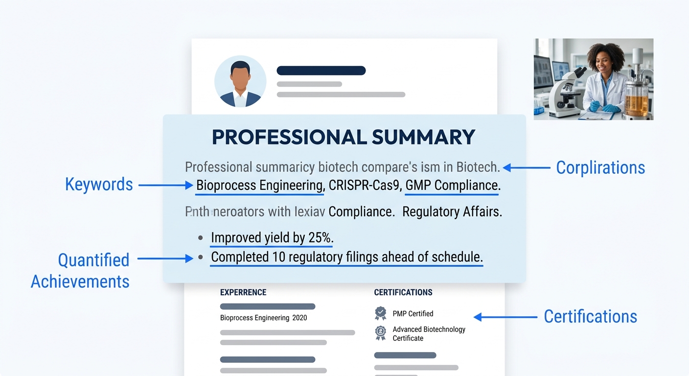 A resume document with the top section highlighted, showing a professional summary for a niche biotech role with specific keywords, certifications, and quantified achievements marked and labeled