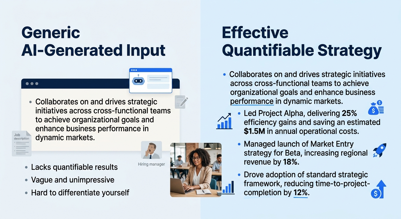 A resume page split down the middle — the left half showing a generic AI-generated bullet point about "driving strategic initiatives," the right half showing the same experience rewritten with specifi