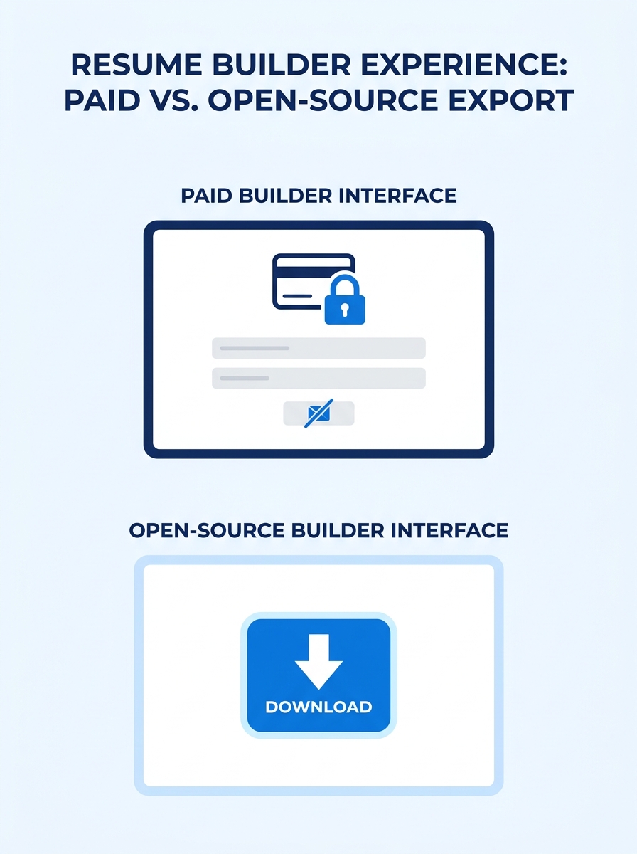 A side-by-side comparison showing a locked PDF download screen with a credit card form on a paid resume builder versus a clean one-click free export button on an open-source builder interface