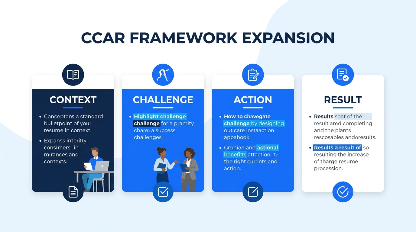 A visual example of one corporate resume bullet point being expanded into the CCAR framework format, showing each component (Context, Challenge, Action, Result) highlighted in different colors