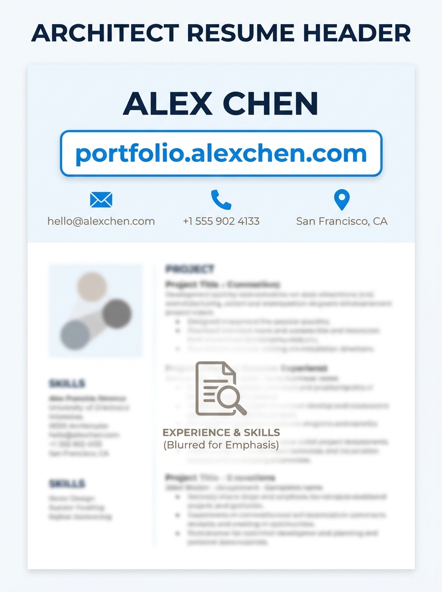 A clean architect resume header showing name, contact info, and a prominent portfolio URL link positioned directly below the name, with the rest of the resume slightly blurred to emphasize the top sec