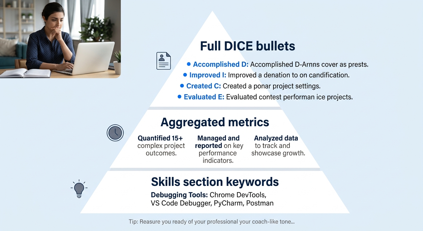 A visual showing a pyramid with three tiers - top tier labeled "Full DICE bullets" with 3-4 items, middle tier labeled "Aggregated metrics" with summary stats, and bottom tier labeled "Skills section