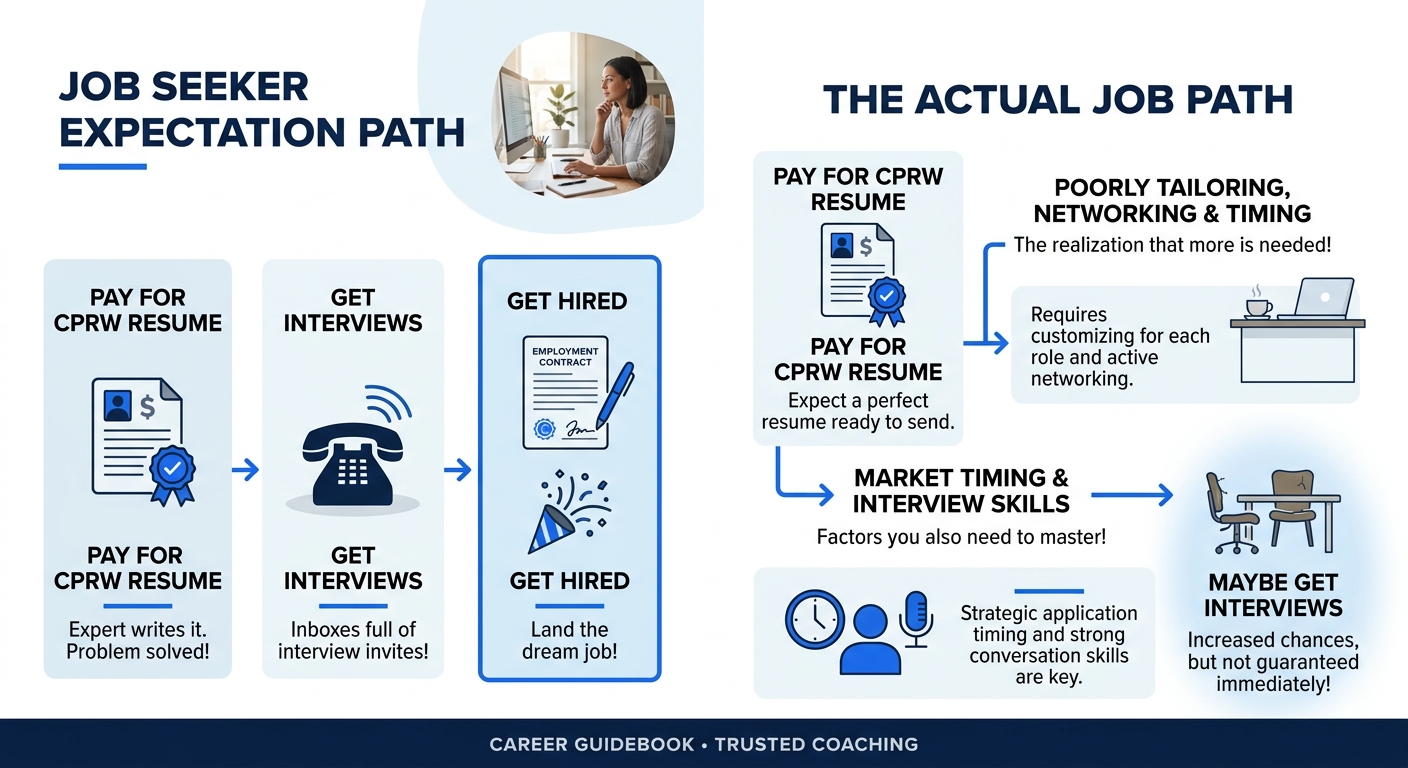 a flowchart showing the job seeker's expectation path (pay for CPRW resume → get interviews → get hired) versus the actual path (pay for CPRW resume → receive one polished document → still need tailor