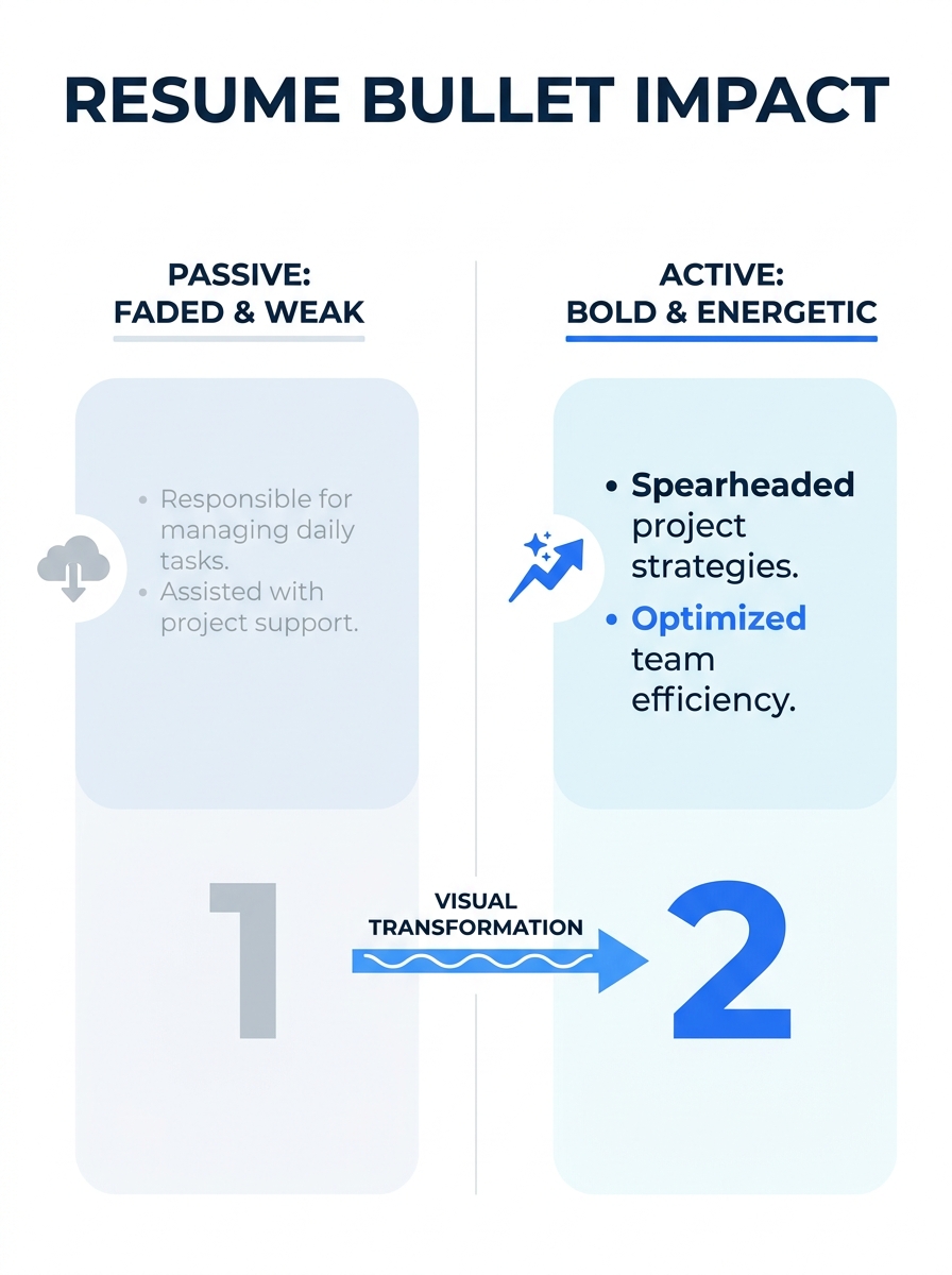 A split-screen comparison showing a passive resume bullet on the left with faded, gray text and an active resume bullet on the right with bold, energetic text, illustrating the visual impact differenc