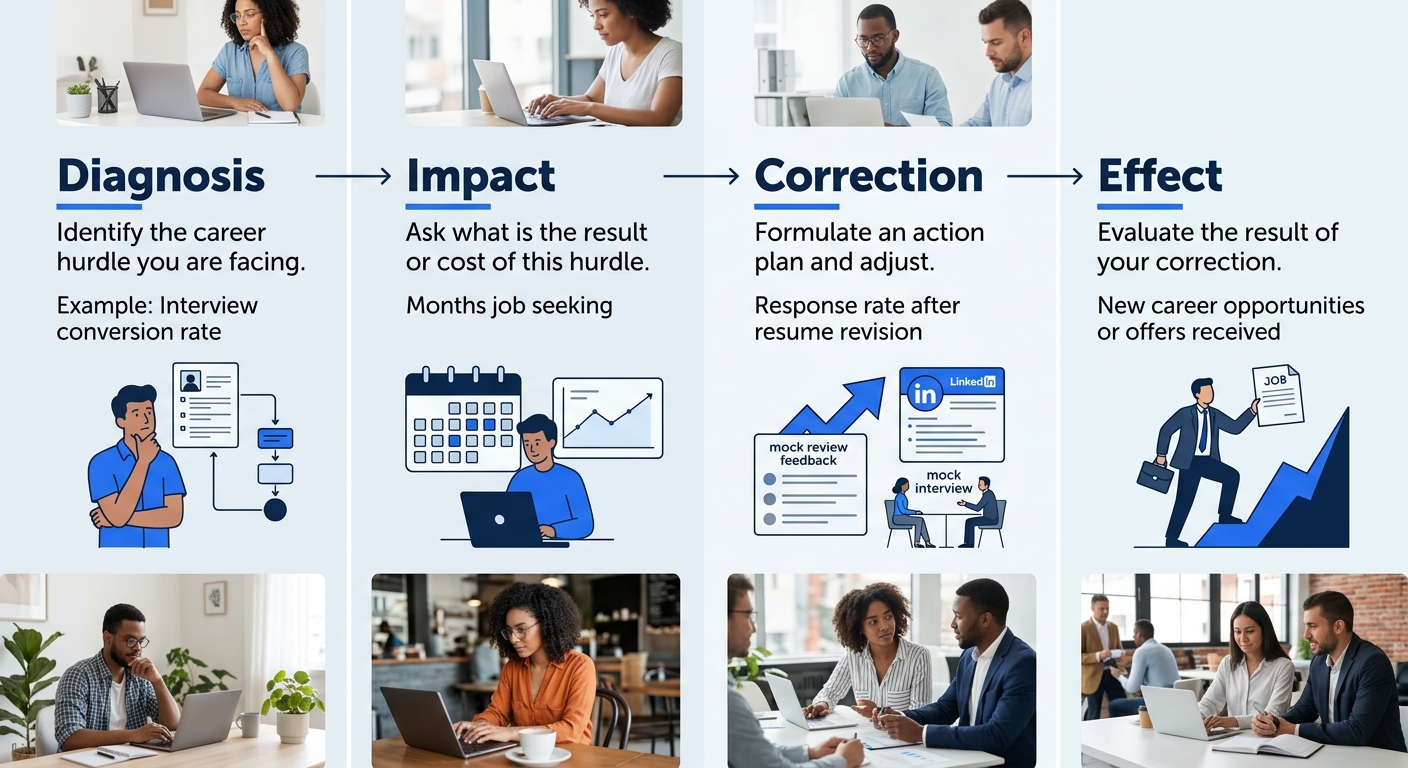 An infographic showing the DICE framework with four connected steps - Diagnosis, Impact, Correction, Effect - each with a brief description and an example metric, laid out in a horizontal flow