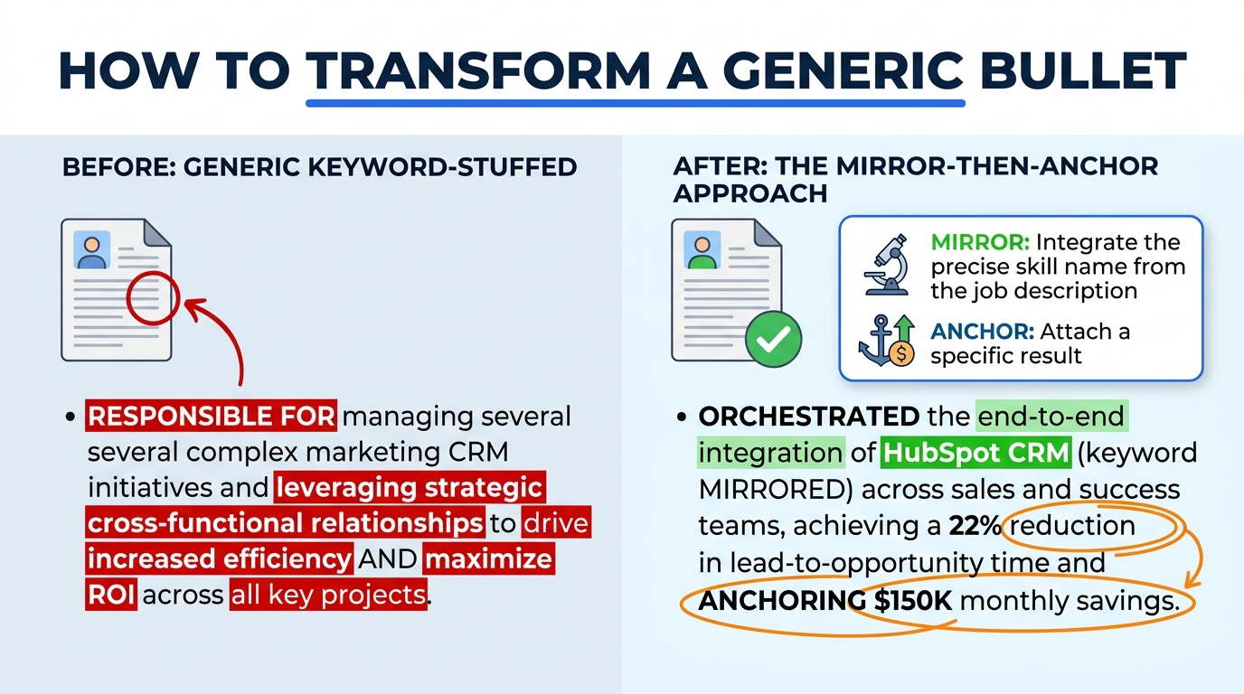 a side-by-side comparison showing a before resume bullet with generic keyword-stuffed language highlighted in red on the left and an after resume bullet using the Mirror-Then-Anchor approach with the