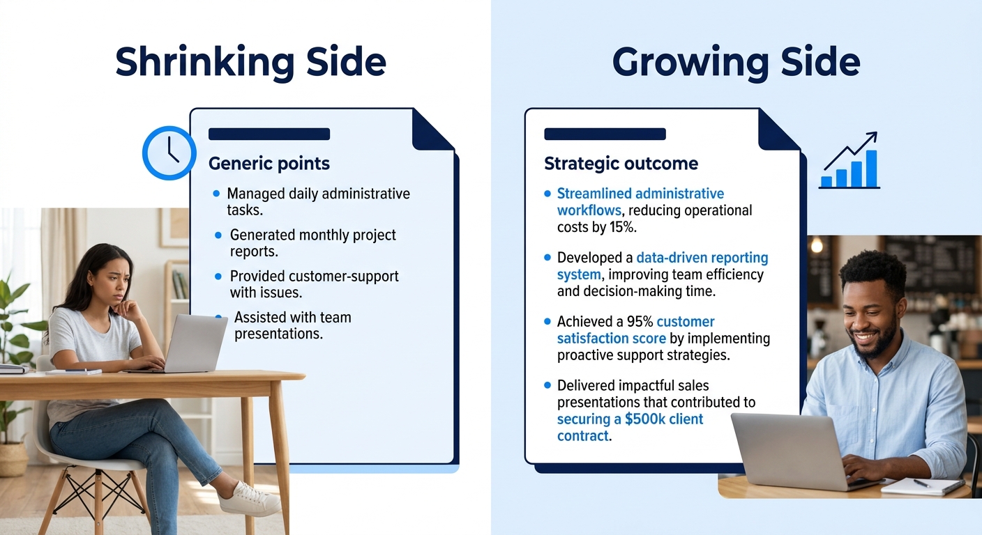 a split-screen illustration showing two resume sections side by side — one with generic task-based bullet points labeled "Shrinking Side" and one with strategic, outcome-driven bullets labeled "Growin