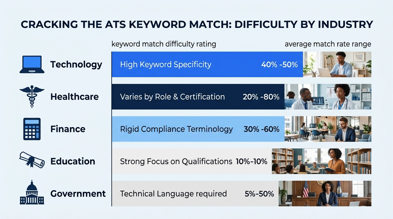 A horizontal bar chart comparing ATS keyword match difficulty across five industries — Technology, Healthcare, Finance, Education, and Government — with color-coded difficulty ratings and average matc