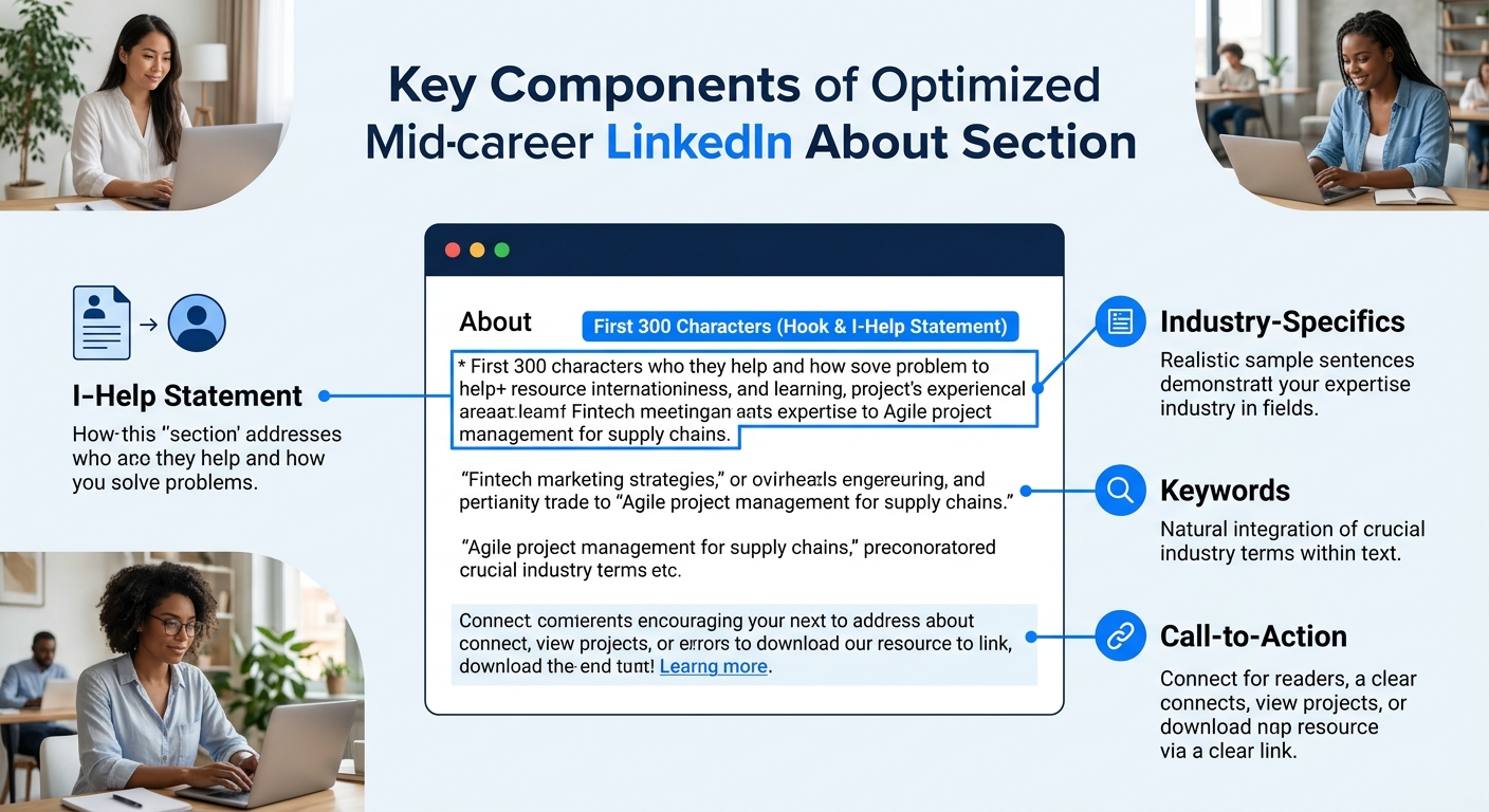 Infographic showing the anatomy of an optimized mid-career LinkedIn About section, with the first 300 characters highlighted, showing placement of I-help statement, keywords, industry specifics, and a