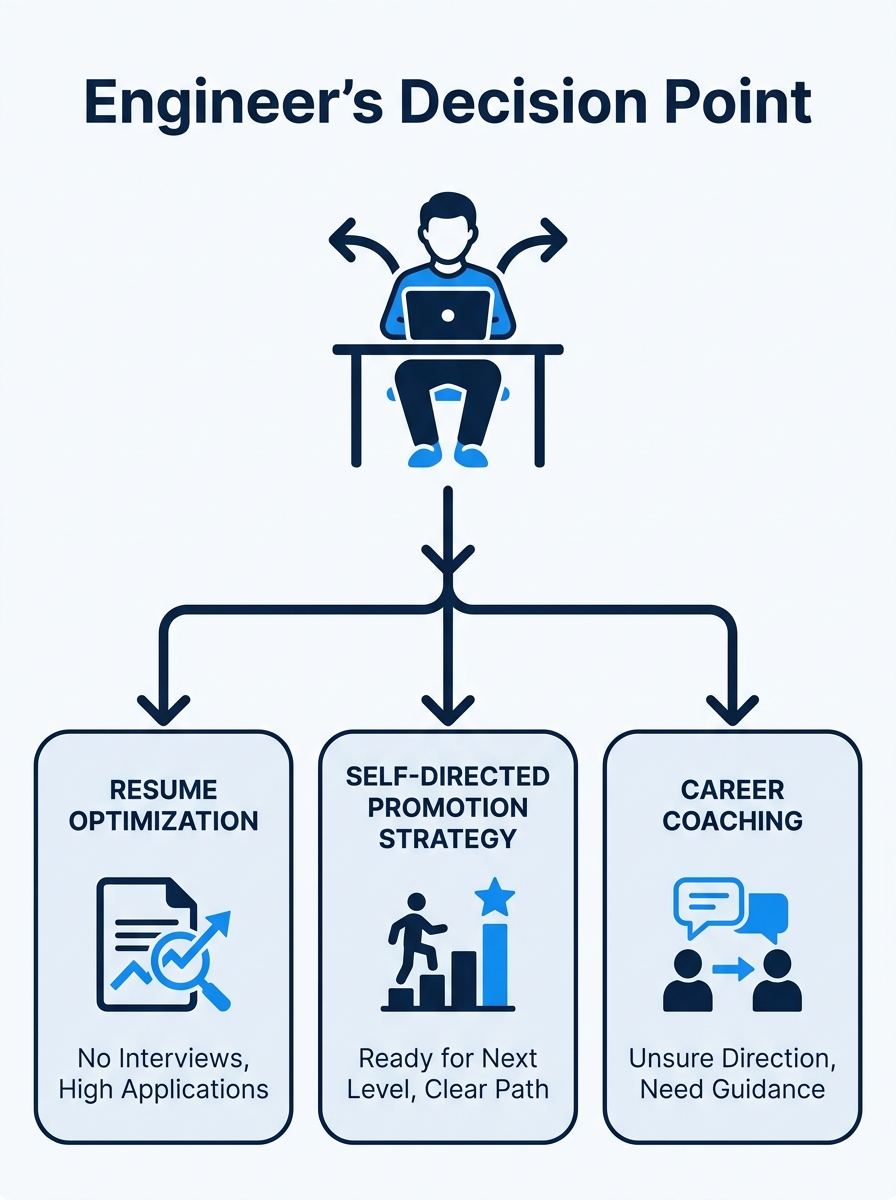A flowchart showing a software engineer at a decision point with three branches labeled resume optimization, self-directed promotion strategy, and career coaching, with criteria listed under each bran