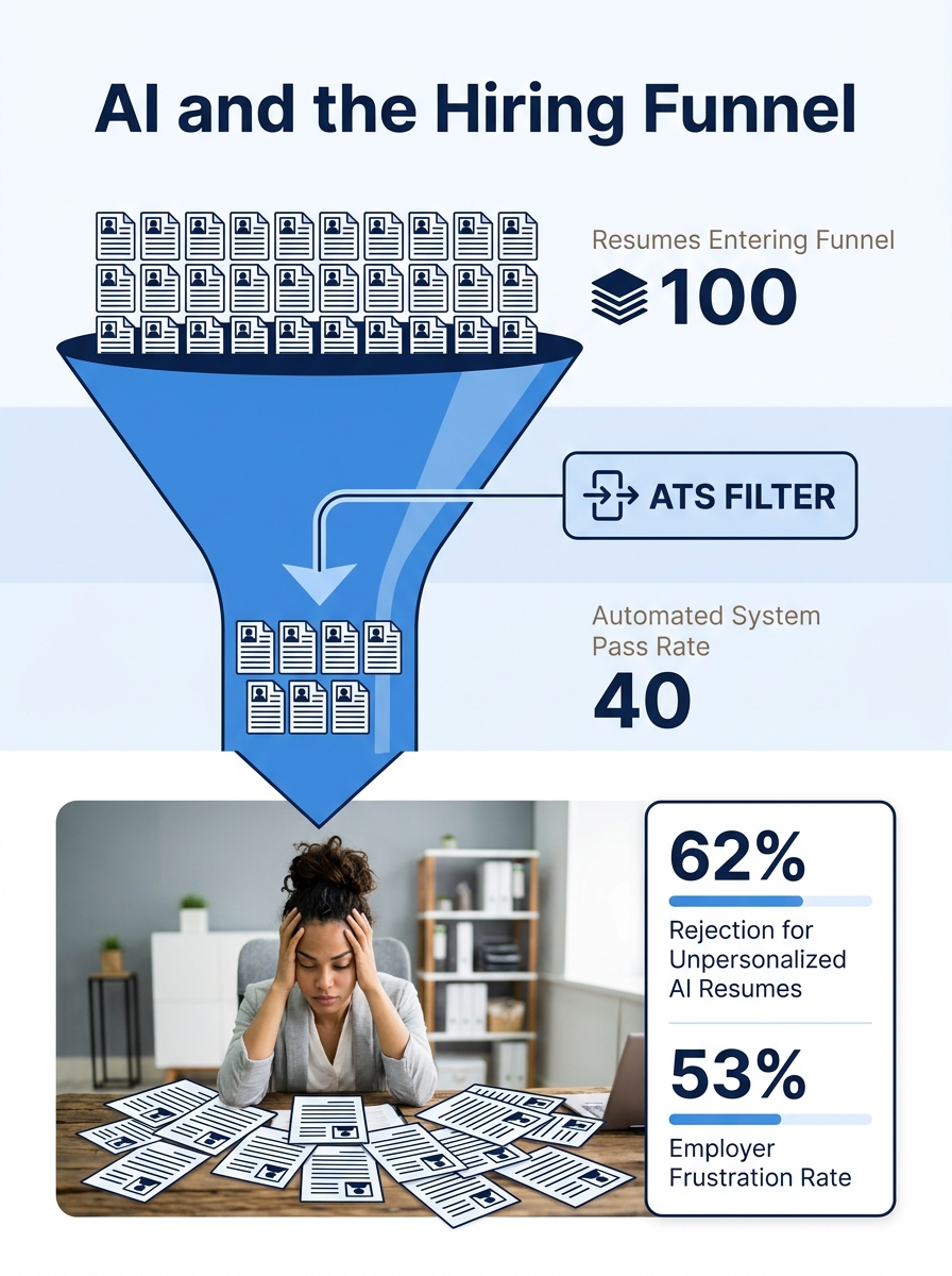 an infographic showing a funnel with 100 identical-looking resumes entering the top, an ATS filter in the middle passing 40 through, and a tired hiring manager at the bottom surrounded by nearly ident