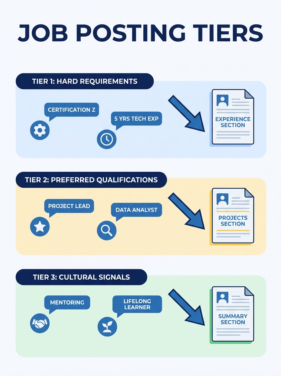 Infographic showing a job posting divided into three color-coded tiers — red for hard requirements, yellow for preferred qualifications, and green for cultural signals — with example keywords in each