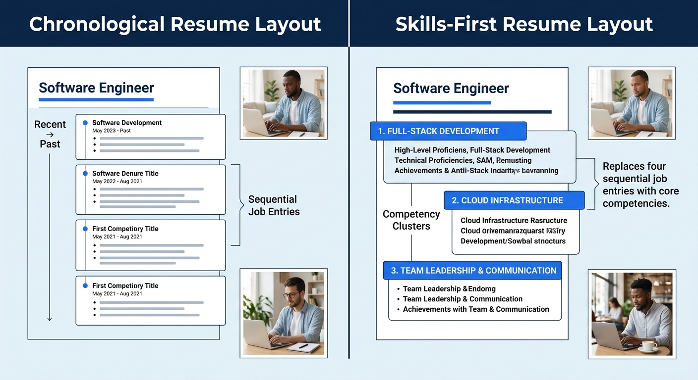 Side-by-side comparison of a traditional chronological resume layout versus a skills-first resume layout for a displaced software engineer, showing how three competency clusters replace four sequentia