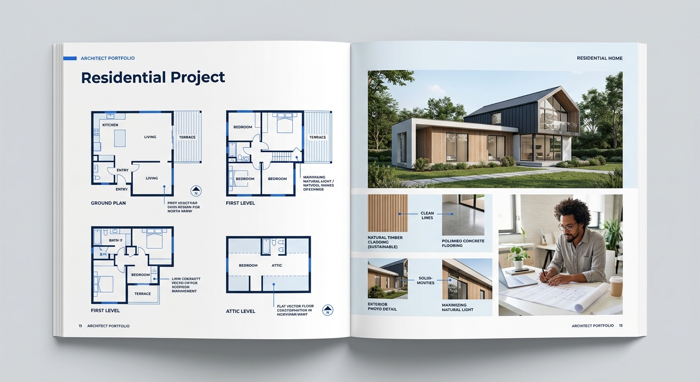 An example architecture portfolio spread showing a residential project with floor plans on the left page and exterior renderings plus material detail photos on the right page, arranged in a clean mini