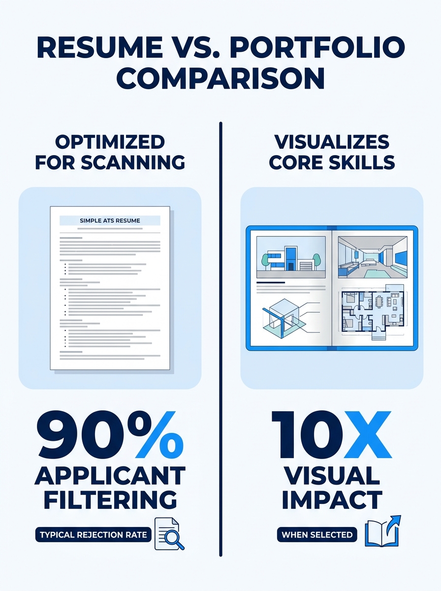 Split-screen illustration showing a plain text-heavy ATS resume document on the left side and a colorful architecture portfolio spread with renderings, floor plans, and site diagrams on the right side