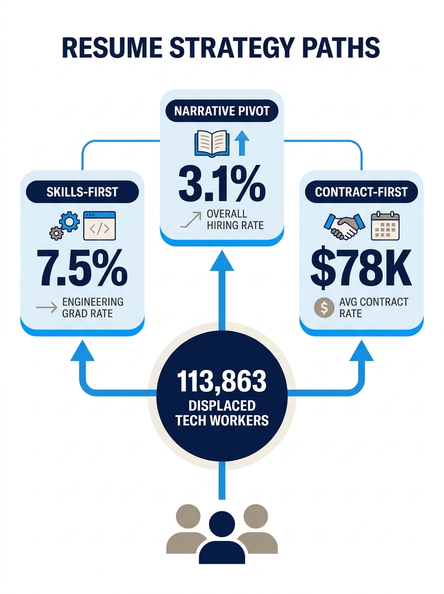 Infographic showing three resume strategy paths branching from a central node labeled "113,863 Displaced Tech Workers" with Skills-First, Narrative Pivot, and Contract-First as the three branches, eac