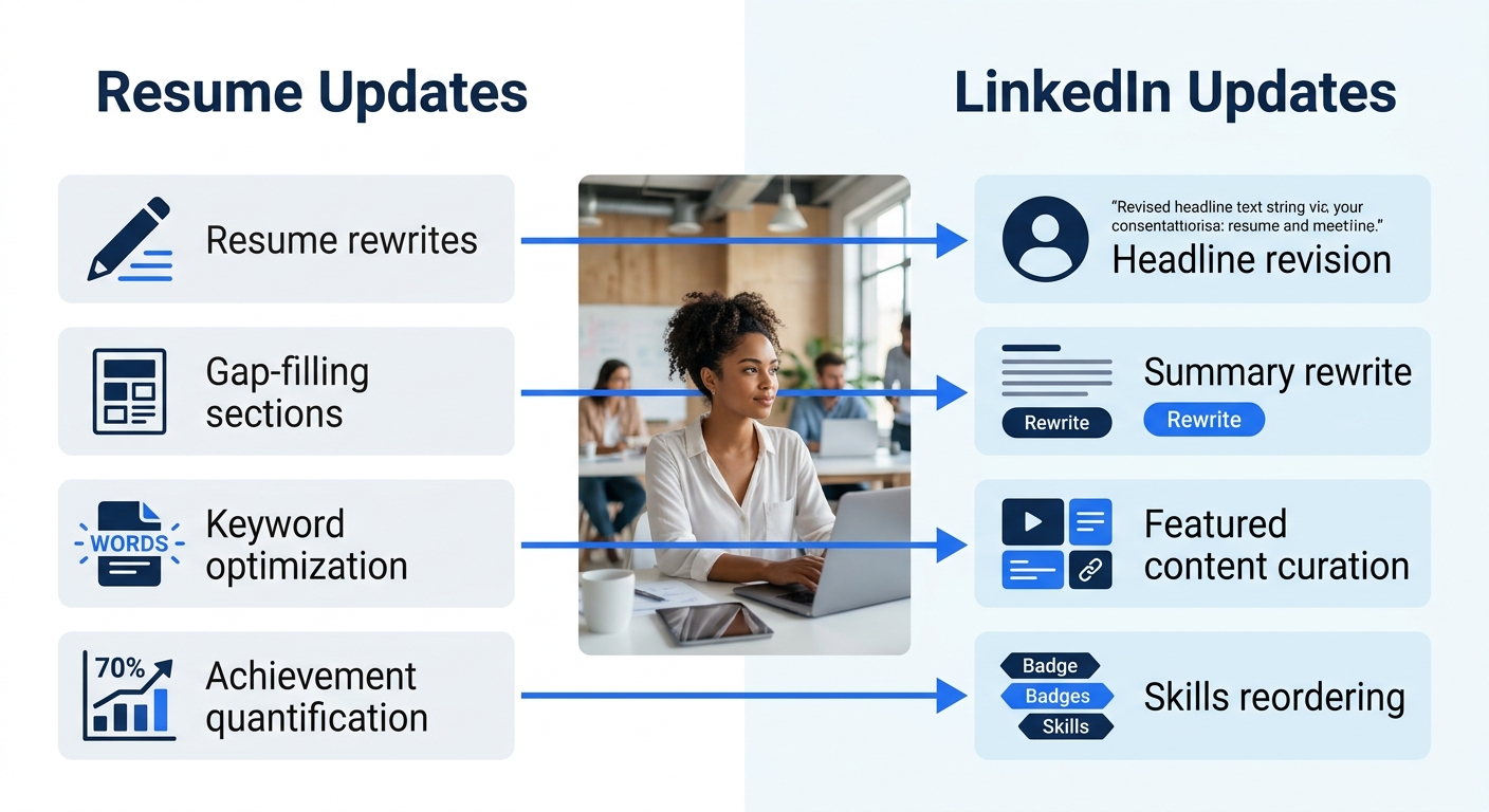 An infographic showing the parallel rebuild process with two columns. Left column labeled "Resume Updates" lists bullet point rewrites, gap-filling sections, keyword optimization, and achievement quan
