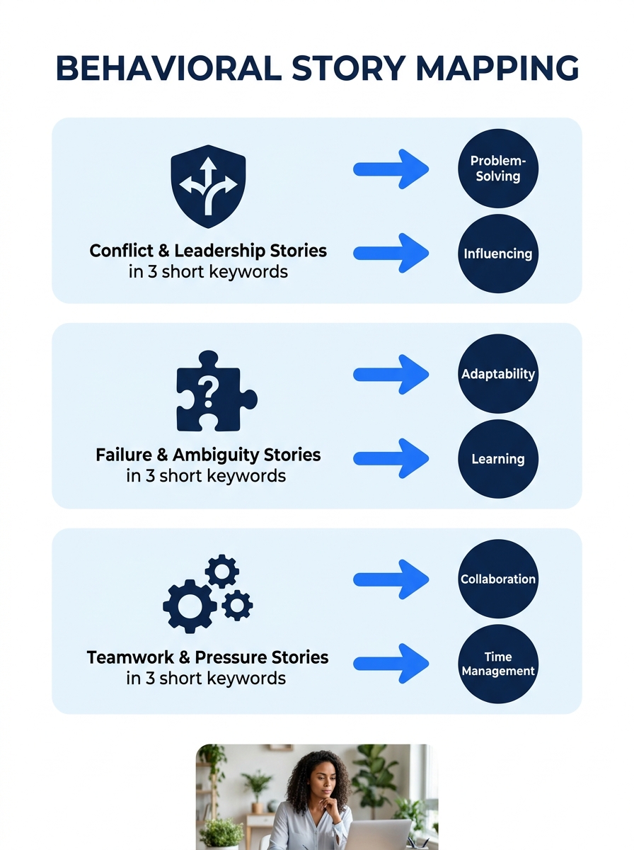 an infographic showing 7 story categories (conflict resolution, leadership, failure, ambiguity, teamwork, initiative, working under pressure) with connecting arrows mapping each story to 3-4 common be