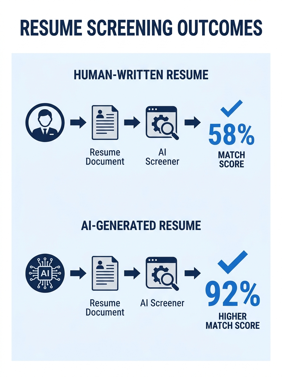 A diagram showing two parallel paths — one where a human writes a resume and submits it to an AI screener, and another where an AI writes a resume and submits it to the same AI screener, with the seco