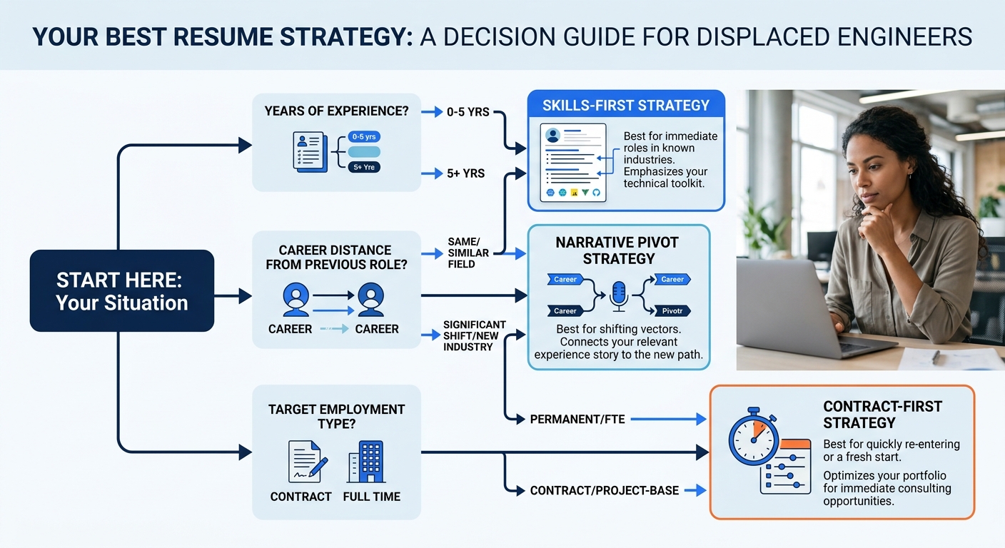 A flowchart decision tree helping displaced engineers choose between skills-first, narrative pivot, and contract-first resume strategies based on three decision points: years of experience, career dis