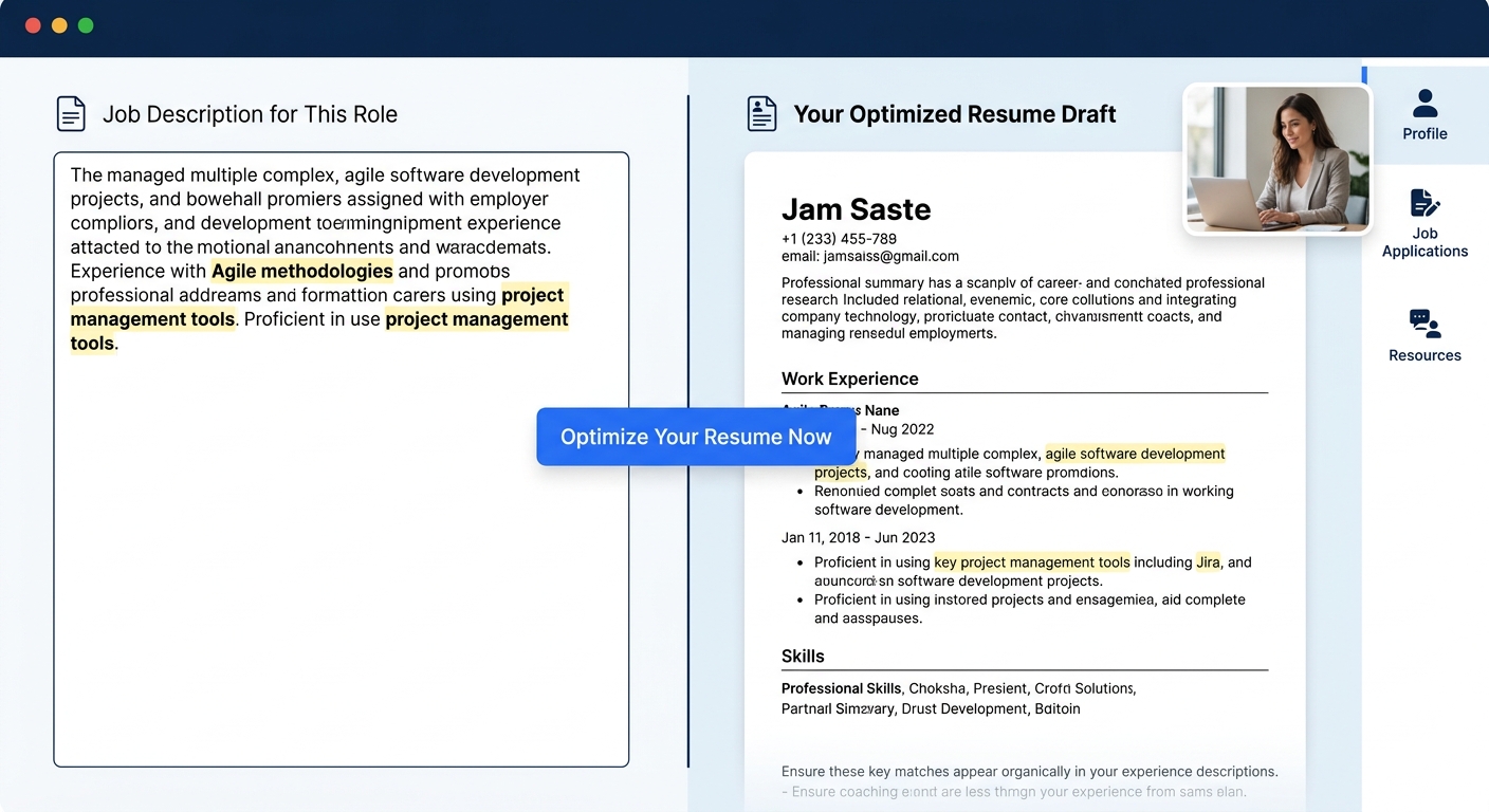 screenshot-style illustration of a resume builder interface showing a job description paste field on the left and a resume draft on the right, with highlighted keyword matches between them
