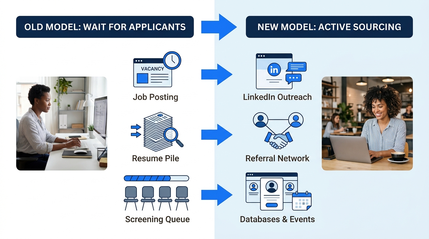 Side-by-side comparison of old hiring model (job posting to resume pile to screening) versus new hiring model (active sourcing across LinkedIn, events, databases, referrals) with arrows showing the di