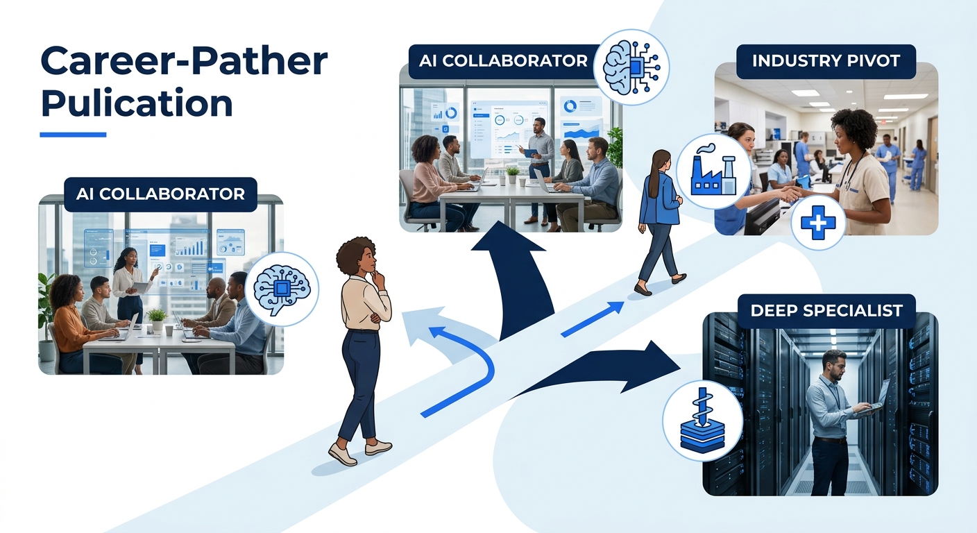 illustration of a career crossroads with three distinct paths labeled AI Collaborator, Industry Pivot, and Deep Specialist, each path showing different workplace environments like a tech office, a hos