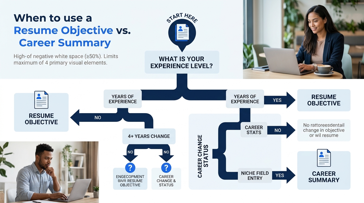A decision flowchart showing when to use a resume objective versus a career summary, with branching paths based on years of experience, career change status, and niche field entry