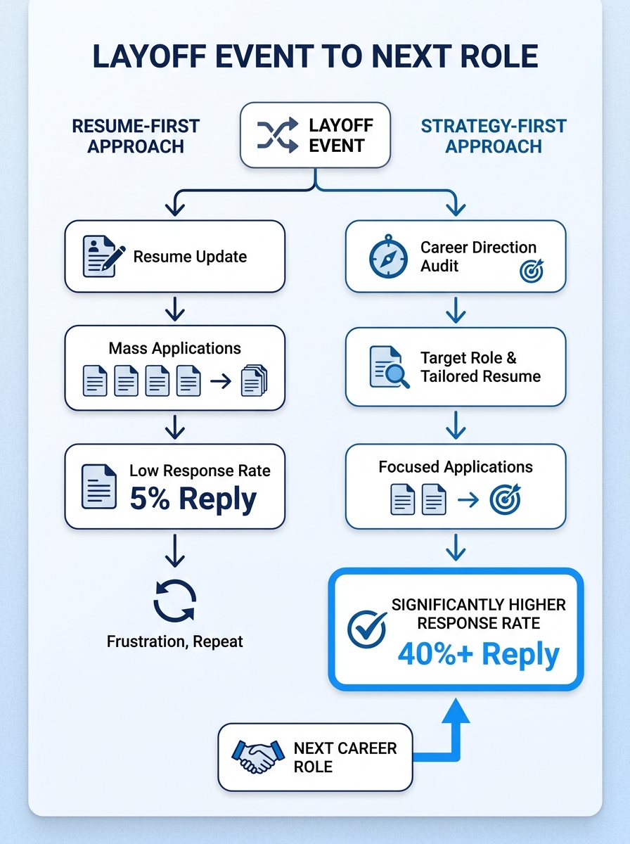 A flowchart showing two diverging paths after a layoff event. The left path labeled "Resume-First Approach" shows a linear sequence: resume update, mass applications, low response rate, frustration, r