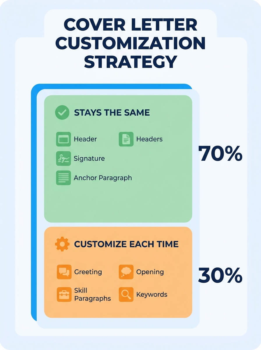 An infographic showing a cover letter divided into color-coded zones — green sections marked "stays the same" (header, signature, anchor paragraph) and orange sections marked "customize each time" (gr