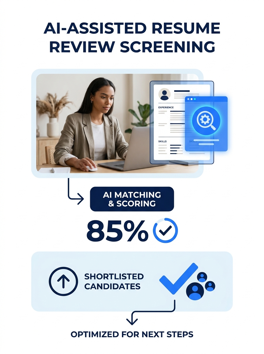 recruiter reviewing resume on laptop with AI interface overlay