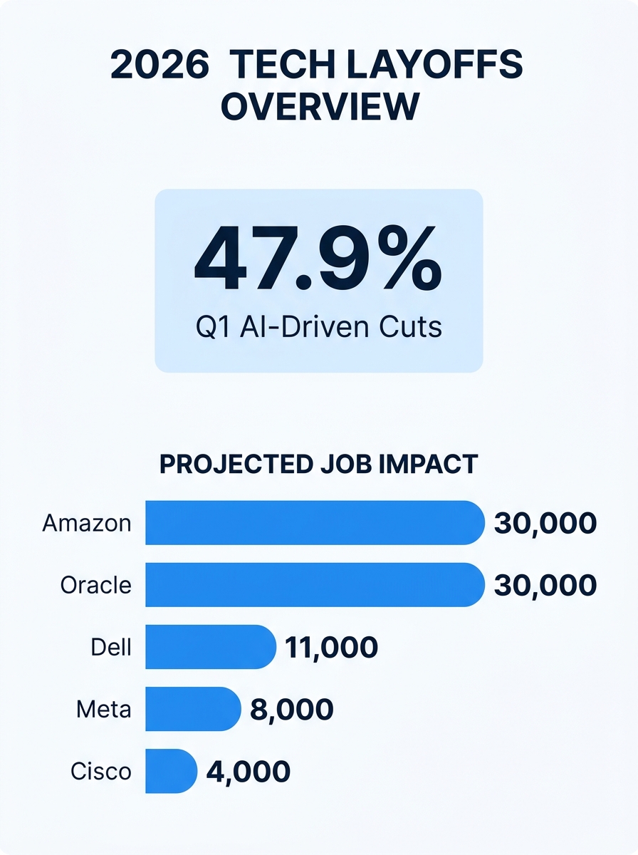 An infographic showing the breakdown of 2026 tech layoffs by company with horizontal bars for Meta at 8,000, Amazon at 30,000, Oracle at 30,000, Dell at 11,000, LinkedIn at 875, and Cisco at 4,000, wi