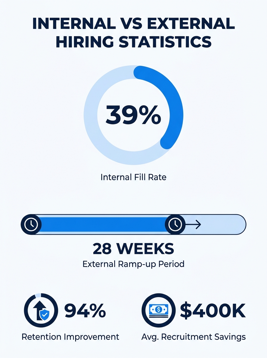 an infographic showing internal vs external hiring statistics in a clean data visualization - 39% internal fill rate, 28-week ramp-up period for external hires, 94% retention improvement, $400K averag