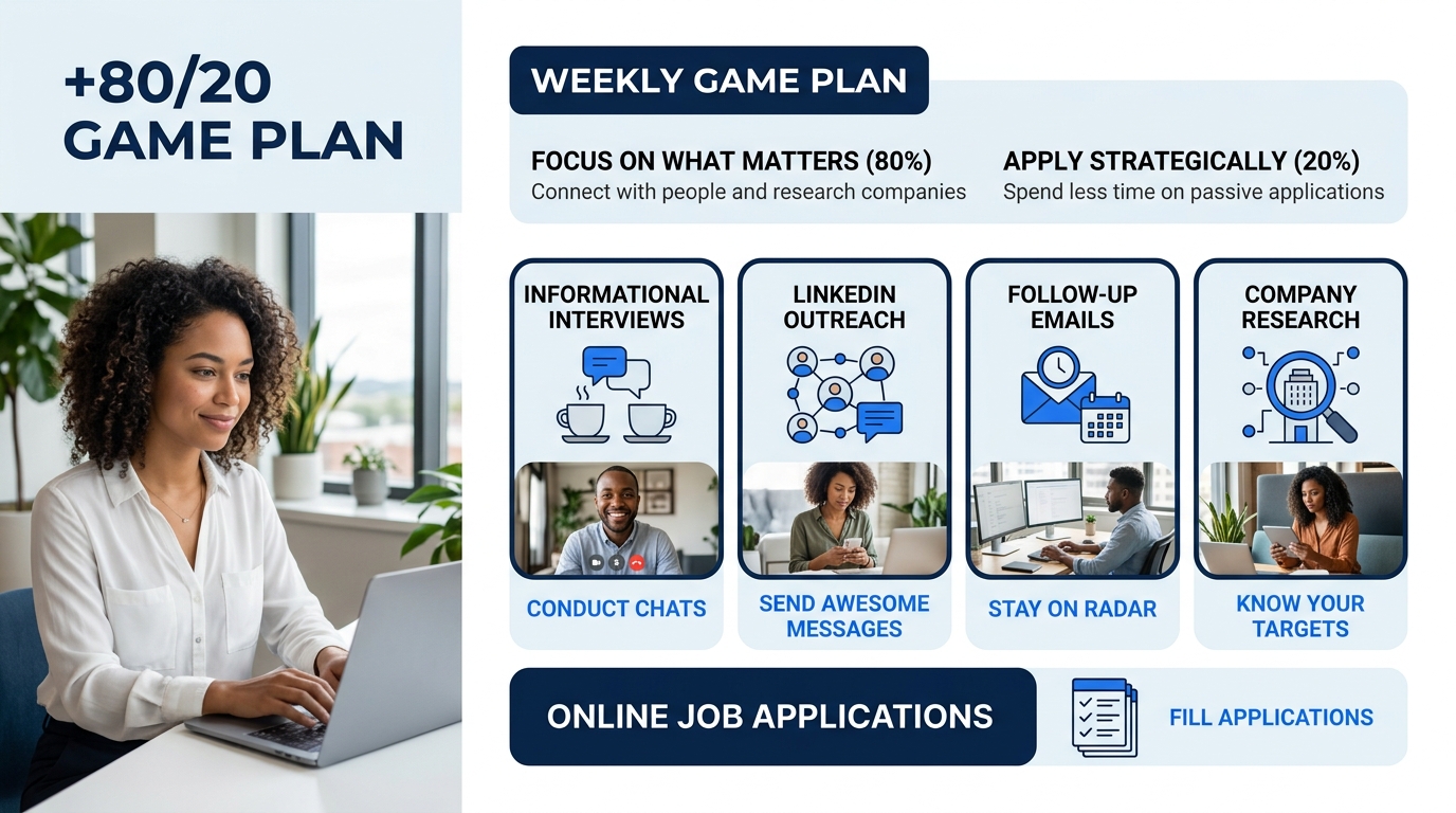 A weekly calendar showing an 80/20 time allocation for job seekers, with blocks for informational interviews, LinkedIn outreach, follow-up emails, and company research filling most of the week, and a