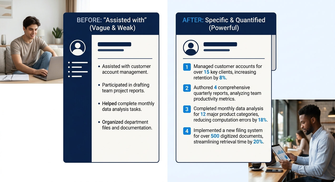 a before-and-after resume section showing four bullet points transformed from vague "assisted with" language to specific quantified statements, with the numbers highlighted in a contrasting color
