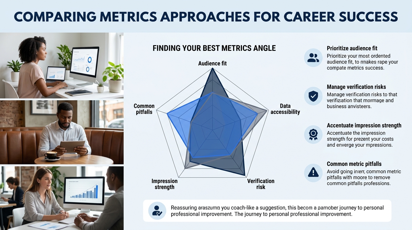 An infographic displaying a radar or spider chart comparing the three metrics approaches across five dimensions: audience fit, data accessibility, verification risk, impression strength, and common pi