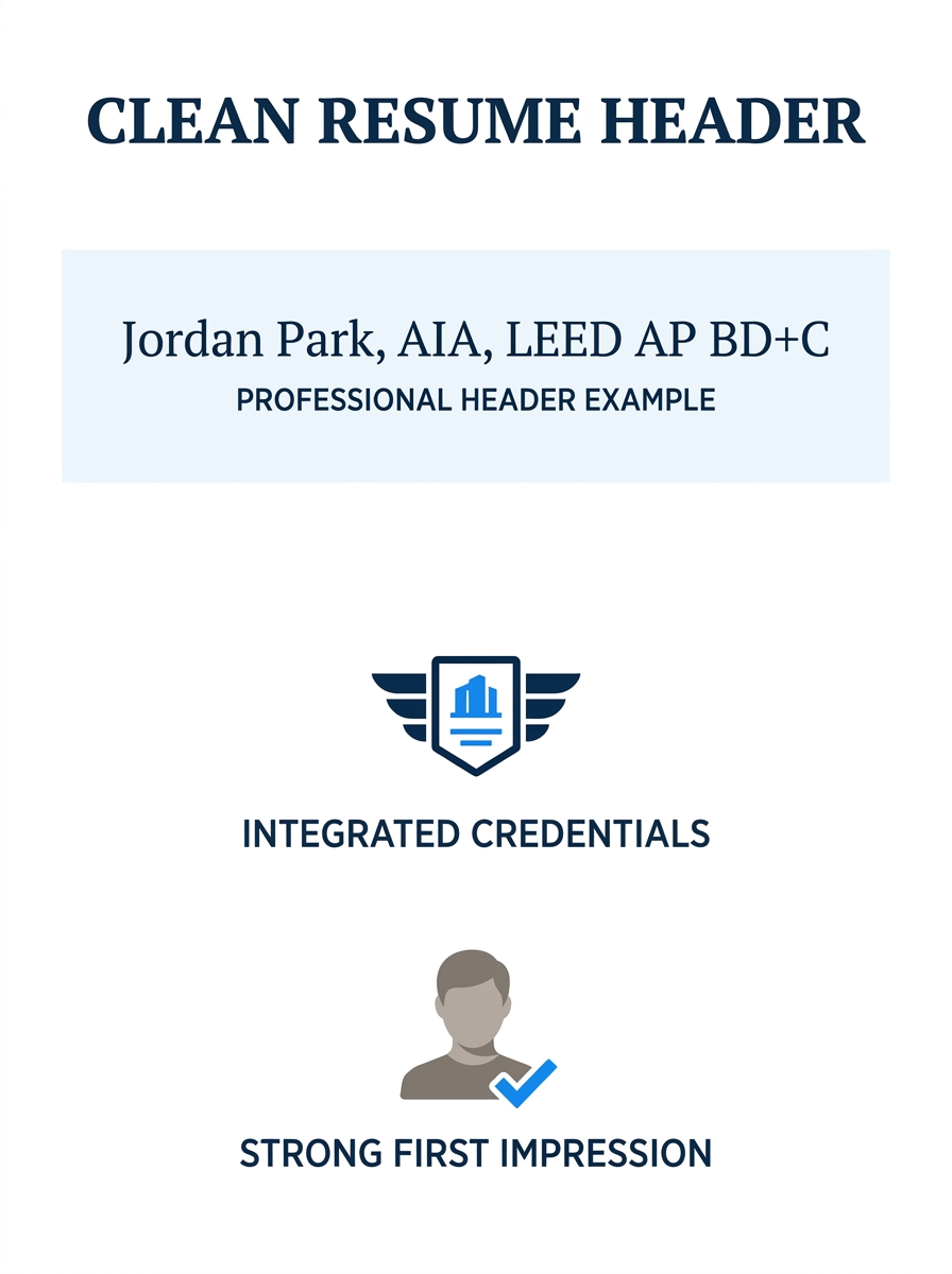 A clean resume header example showing the name "Jordan Park, AIA, LEED AP BD+C" with credential abbreviations placed directly after the name, formatted in a professional serif font against a white bac