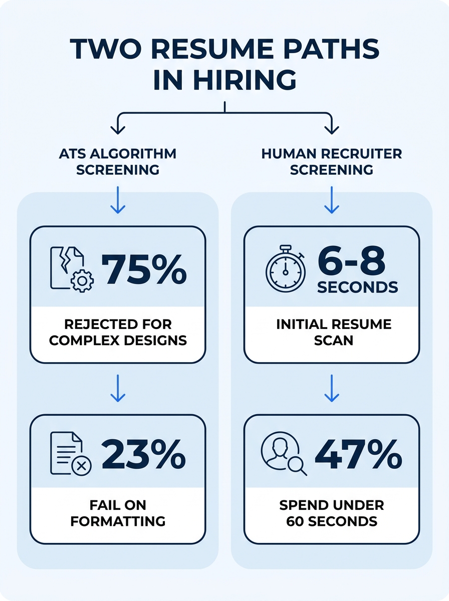 Infographic showing two parallel paths a resume takes through the hiring process - left side displays ATS algorithm screening with key failure stats (23% fail on formatting, 17% lower pass rate for 3+