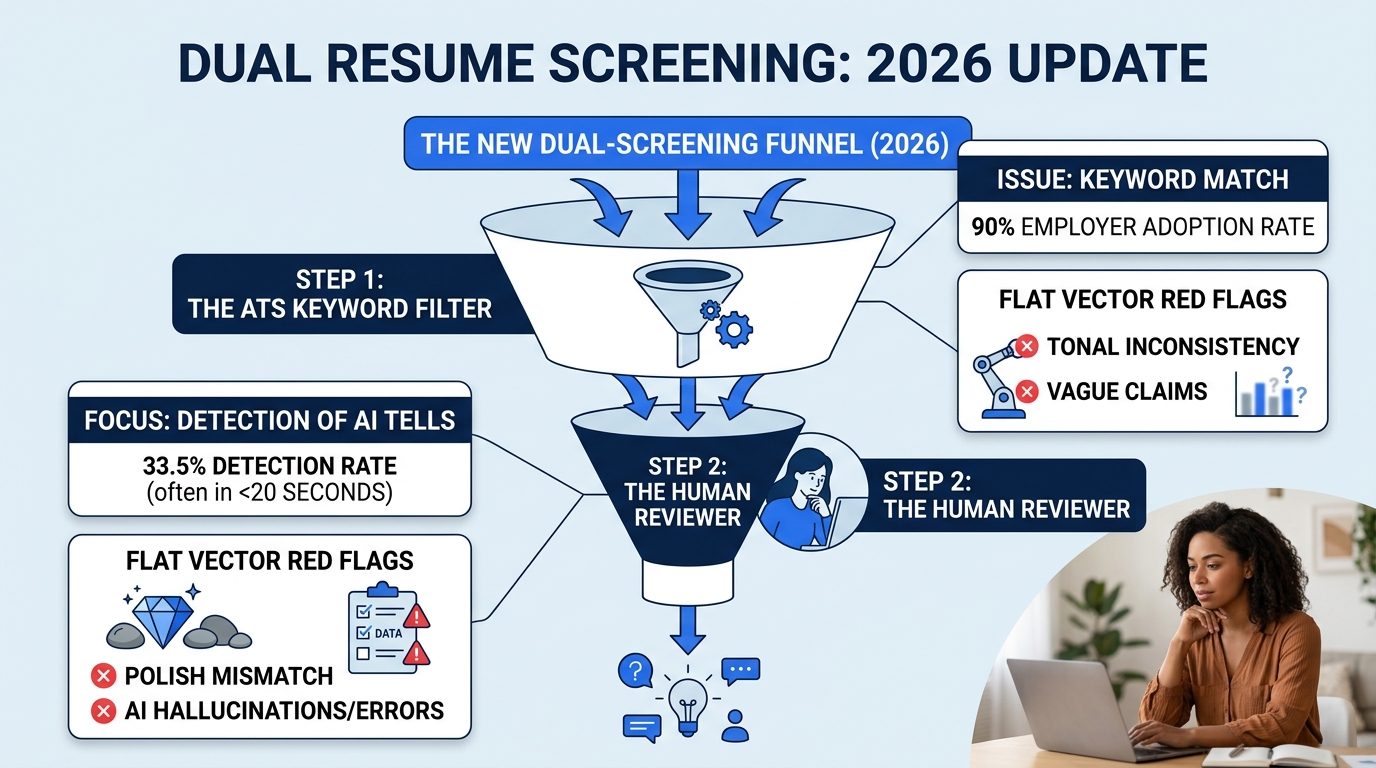 An infographic showing the dual-screening funnel for resumes in 2026 — first passing through an ATS keyword filter with 90% employer adoption rate, then a human reviewer checking for AI tells with 33.