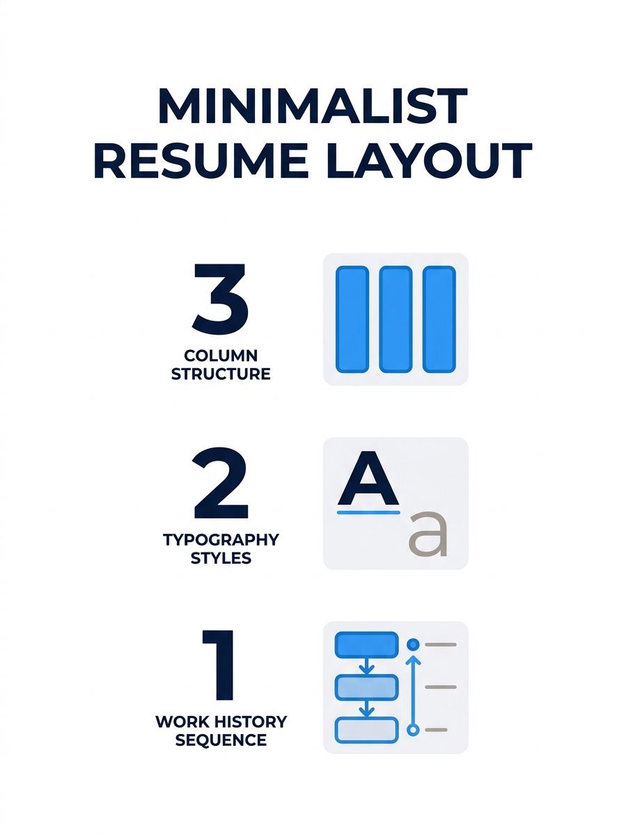 Three-column minimalist resume layout in Adobe InDesign showing clean typography and structured work history sections